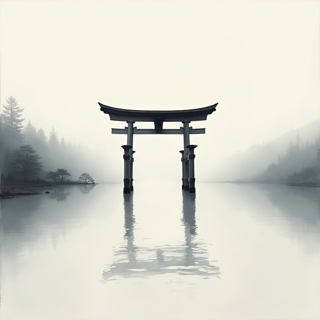 Misty Morning Torii Gate in Monochromatic Brushstrokes