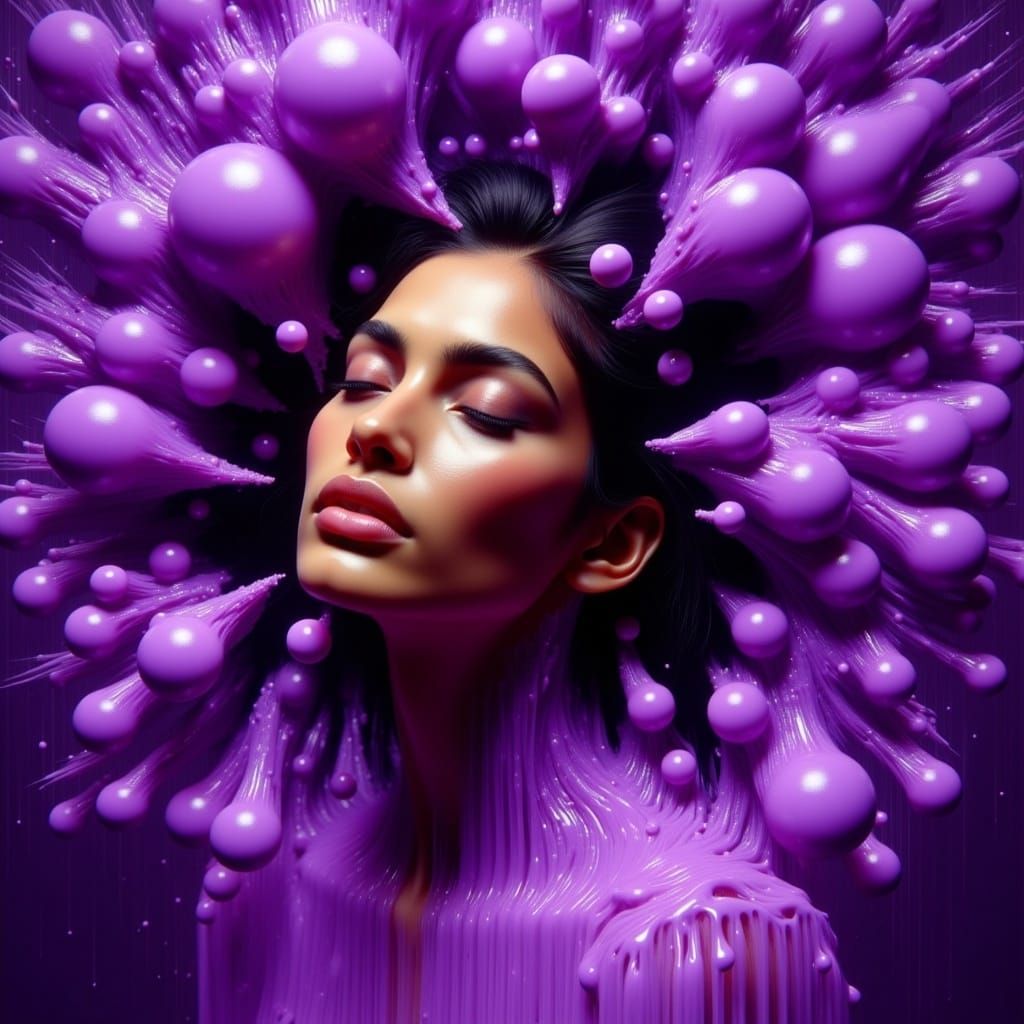 Latina Surrounded by Iridescent Orbs in Surreal Style