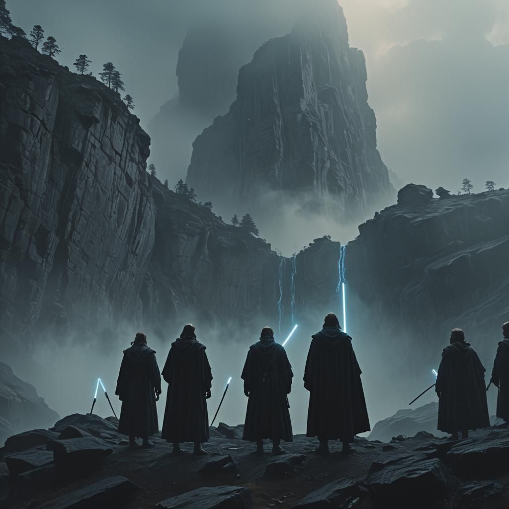 Jedi Group on Foggy Cliff in Film Noir