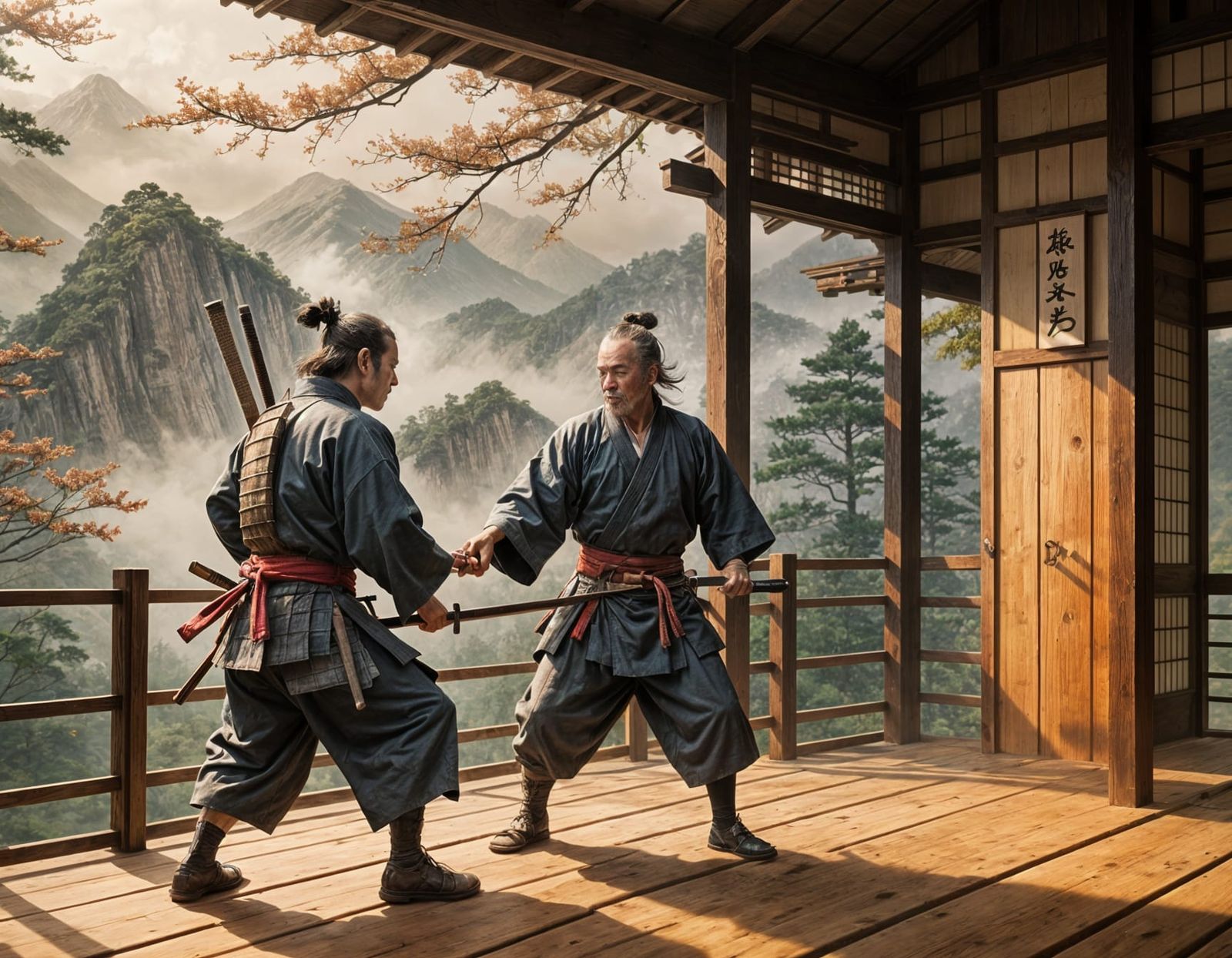 Samurai Master Spars with Young Apprentice in Traditional Se...