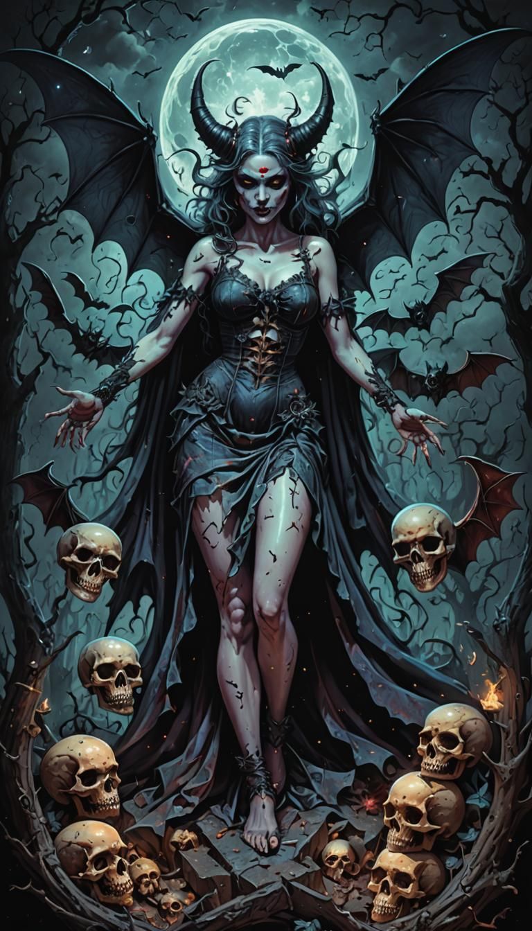 Holographic Demon Pinup with Graves and Skulls
