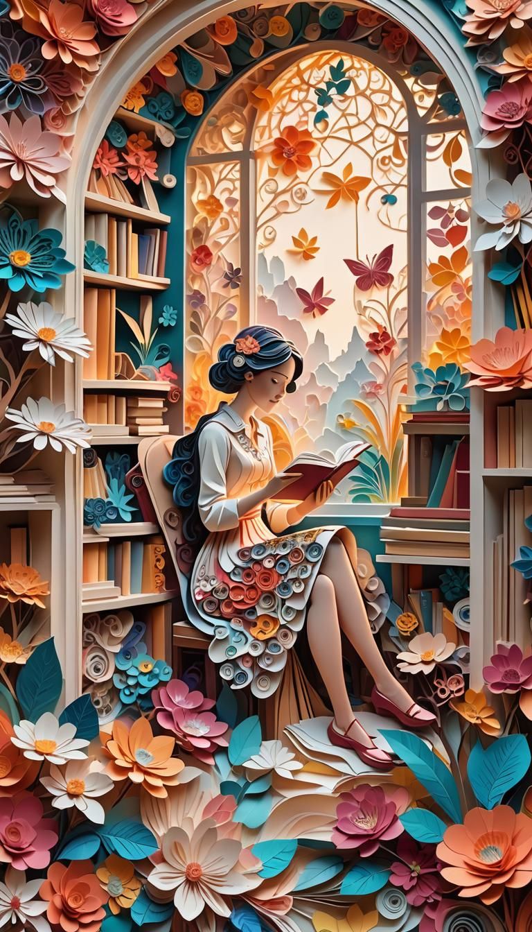 Whimsical Paper Art: Lady Reading in Fantasy Room