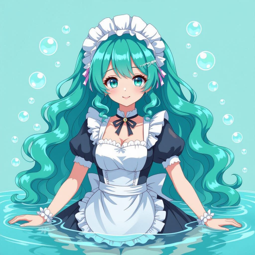 Teal Slime Maid with Victorian Curls, Dreamy Aesthetic
