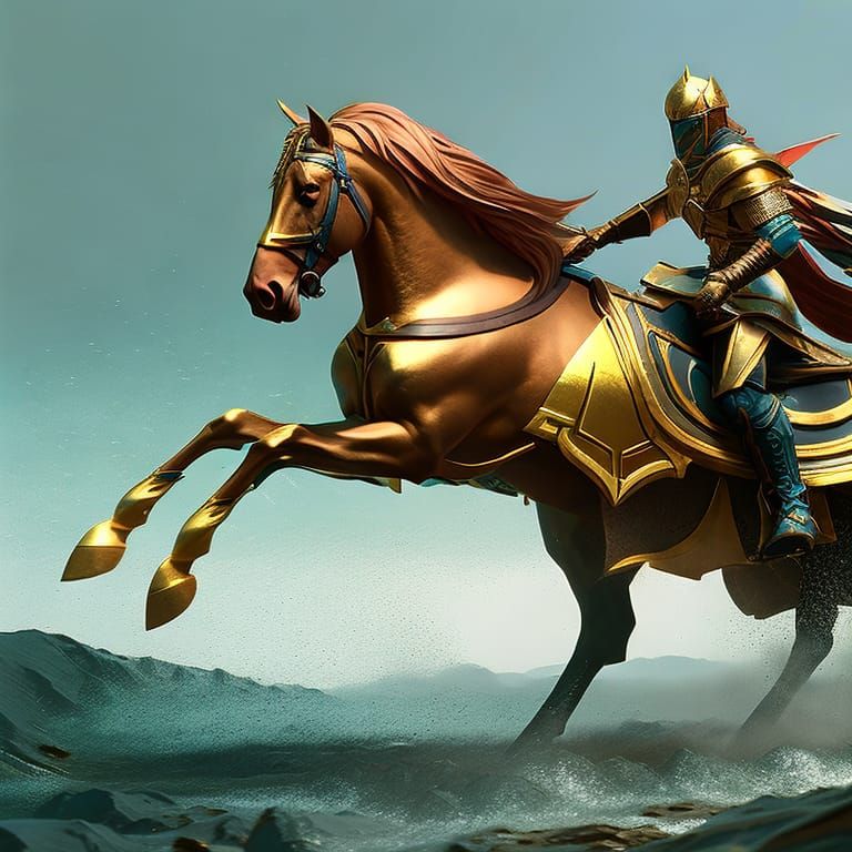 Knight on Horse in Gold, Teal, and White