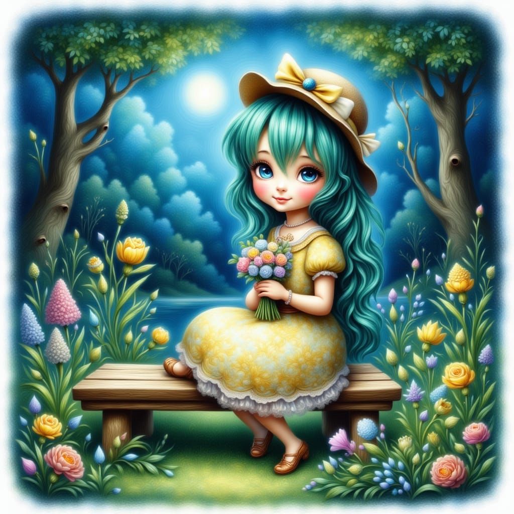 Girl with Teal Hair in Moonlit Garden