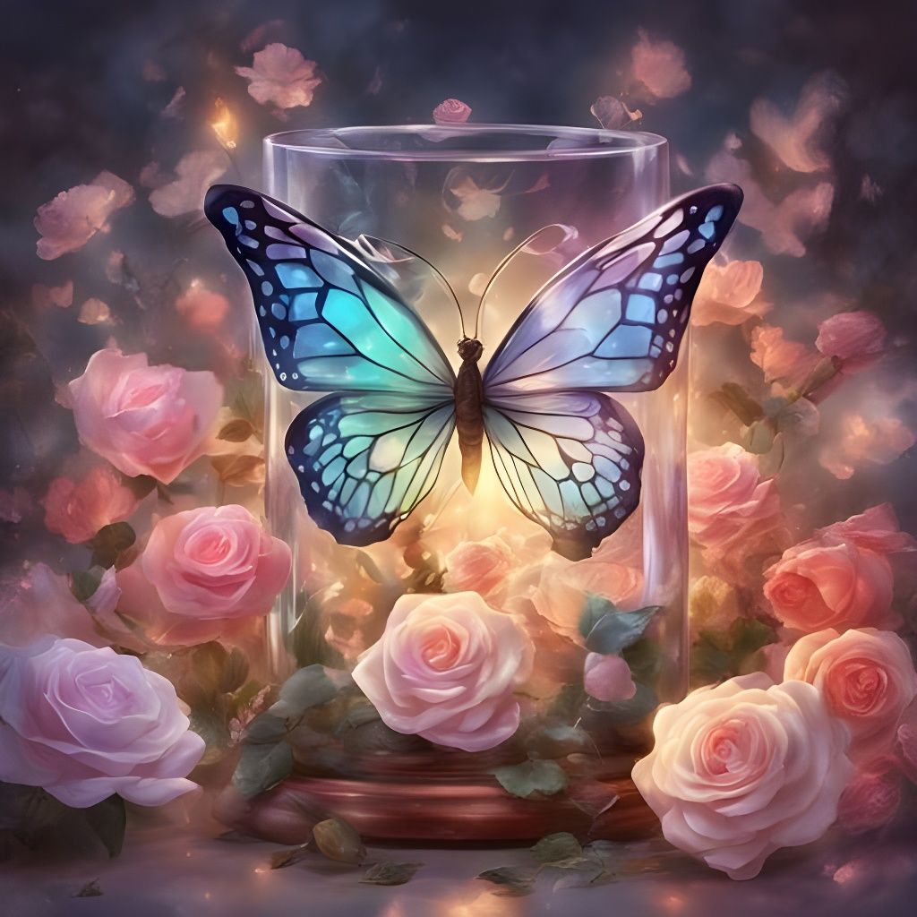 Illuminated Glass Butterfly and Roses Masterpiece