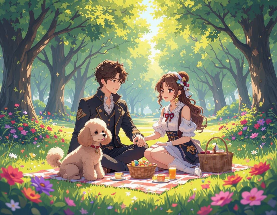 Couple's Picnic in Park: 3D Anime Steampunk Art