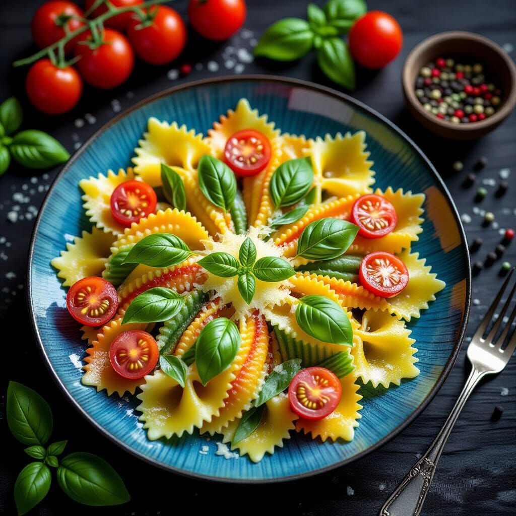 Hyperrealistic Pasta Still Life with Tomatoes and Basil