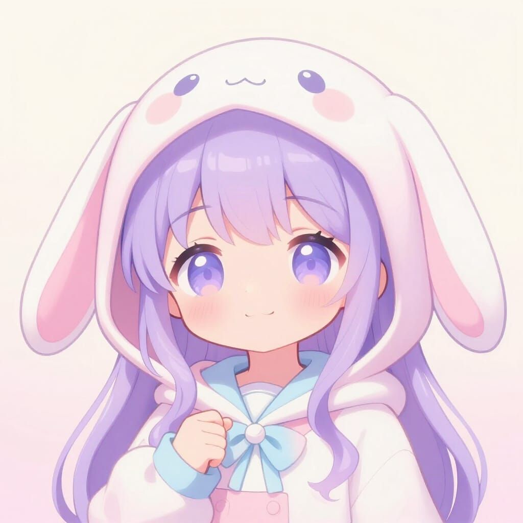 Kawaii Pastel Anime Woman in Bunny Hoodie