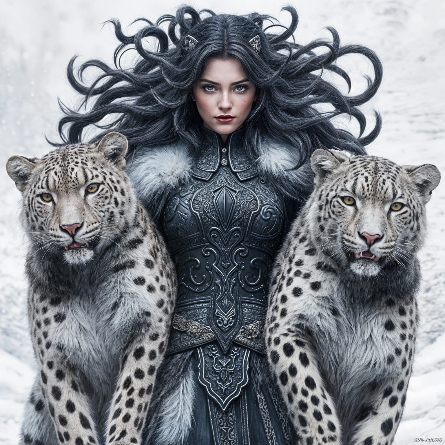 Warrior Princess Posing With Snow Leopards
