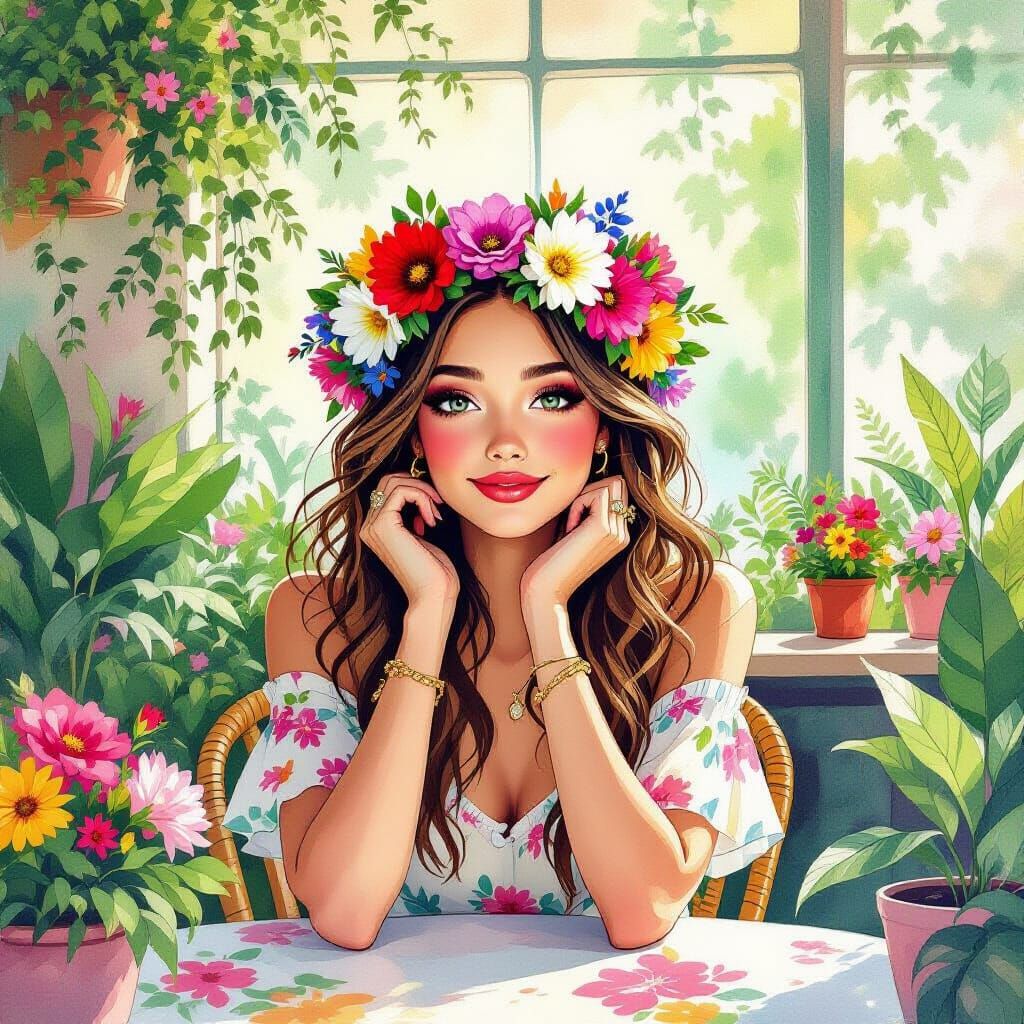 Whimsical Floral Cafe Scene in Watercolor Style