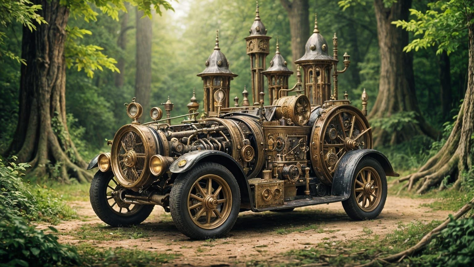 Steampunk Car Before Elven Cottage in Oak Forest