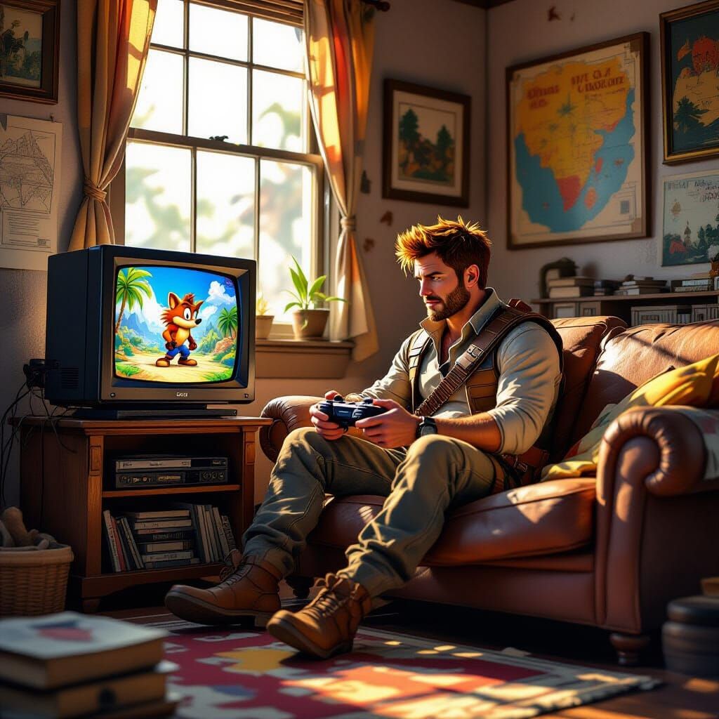 Rugged Adventurer Plays Crash Bandicoot on Old Console
