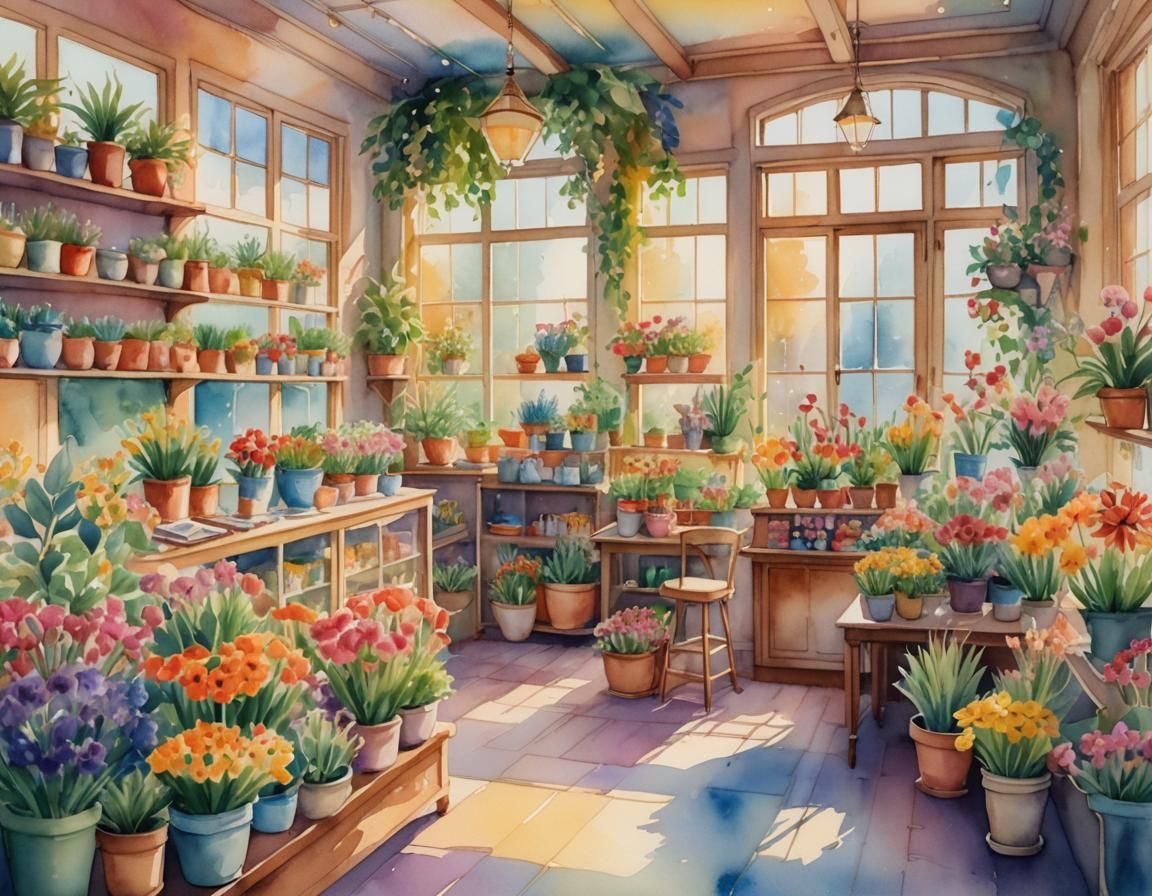 Cozy Flower Shop Interior in Watercolor Style