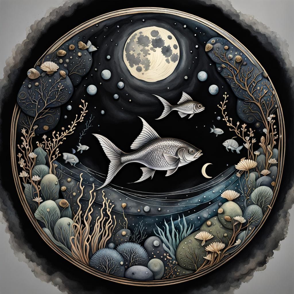 Watercolor Fish Under Moonlight: Detailed Ink Illustration