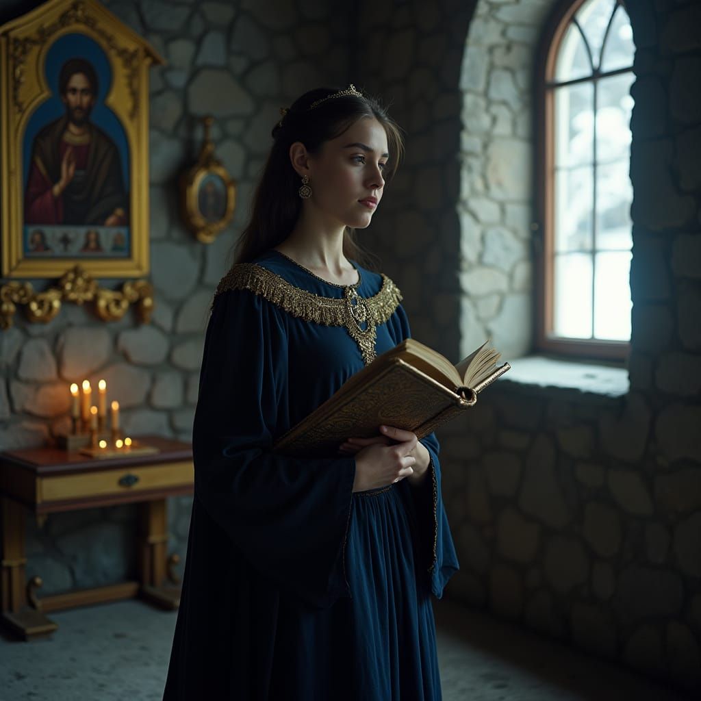 Regal Young Woman in Imperial Russian Robes, Praying in a Sn...
