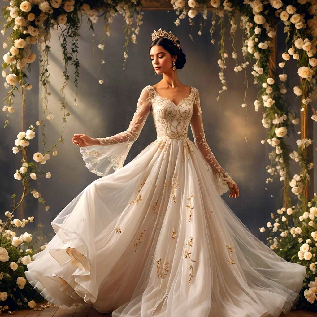 Elegant Woman in White Gown with Floral Details