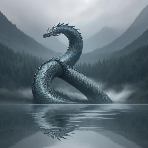 Giant Lake Serpent Breaching Misty Waters