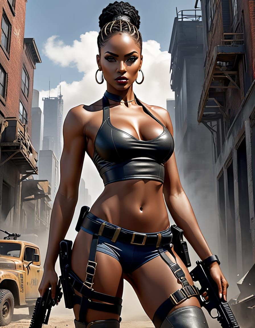 African American Woman in Action Pose with Machine Gun