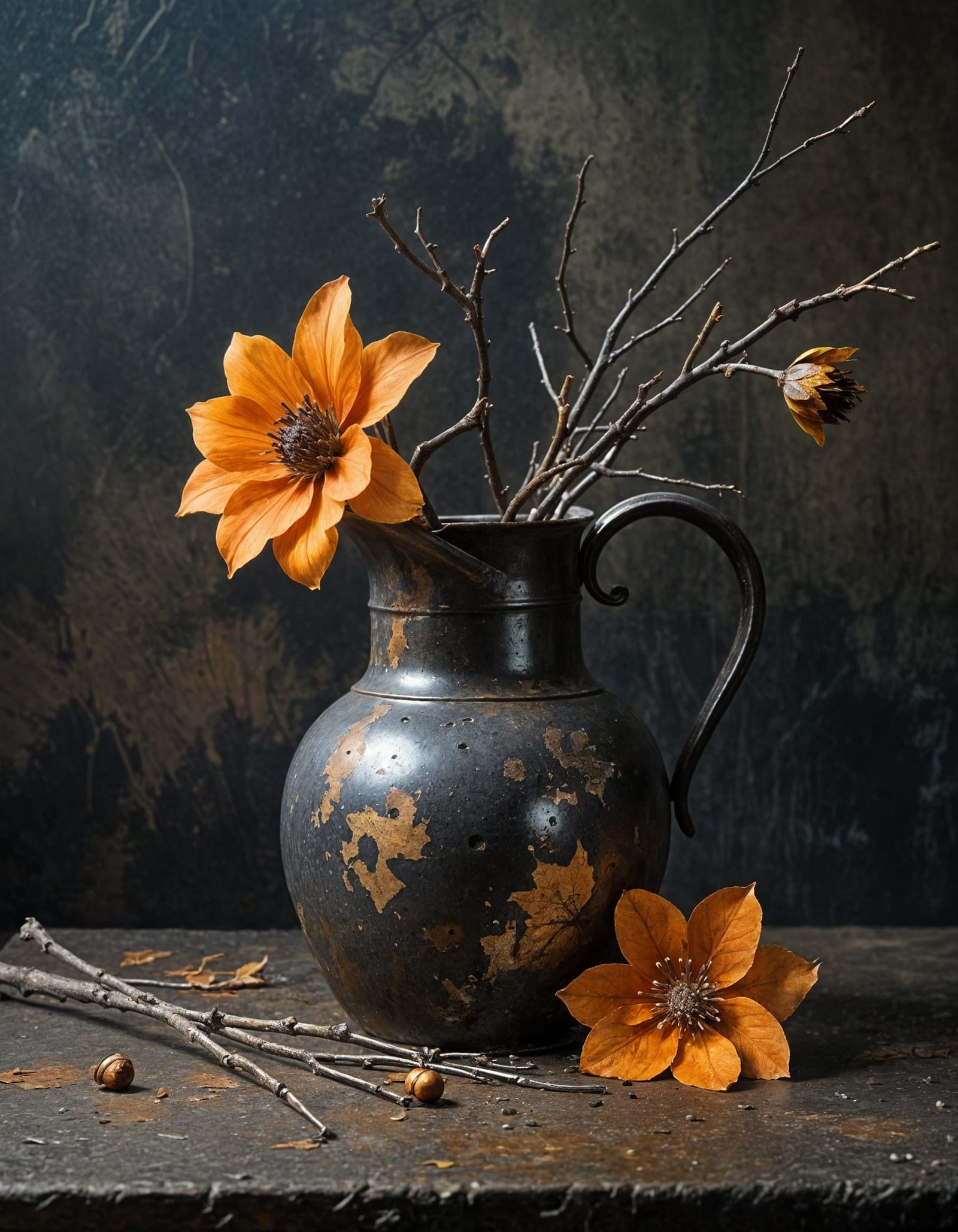 Wabi-Sabi Still Life: Metal Jug with Burnt Orange Flower