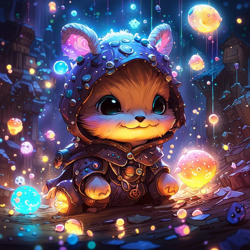 Adorable Chibi Character Surrounded by Glowing Particles