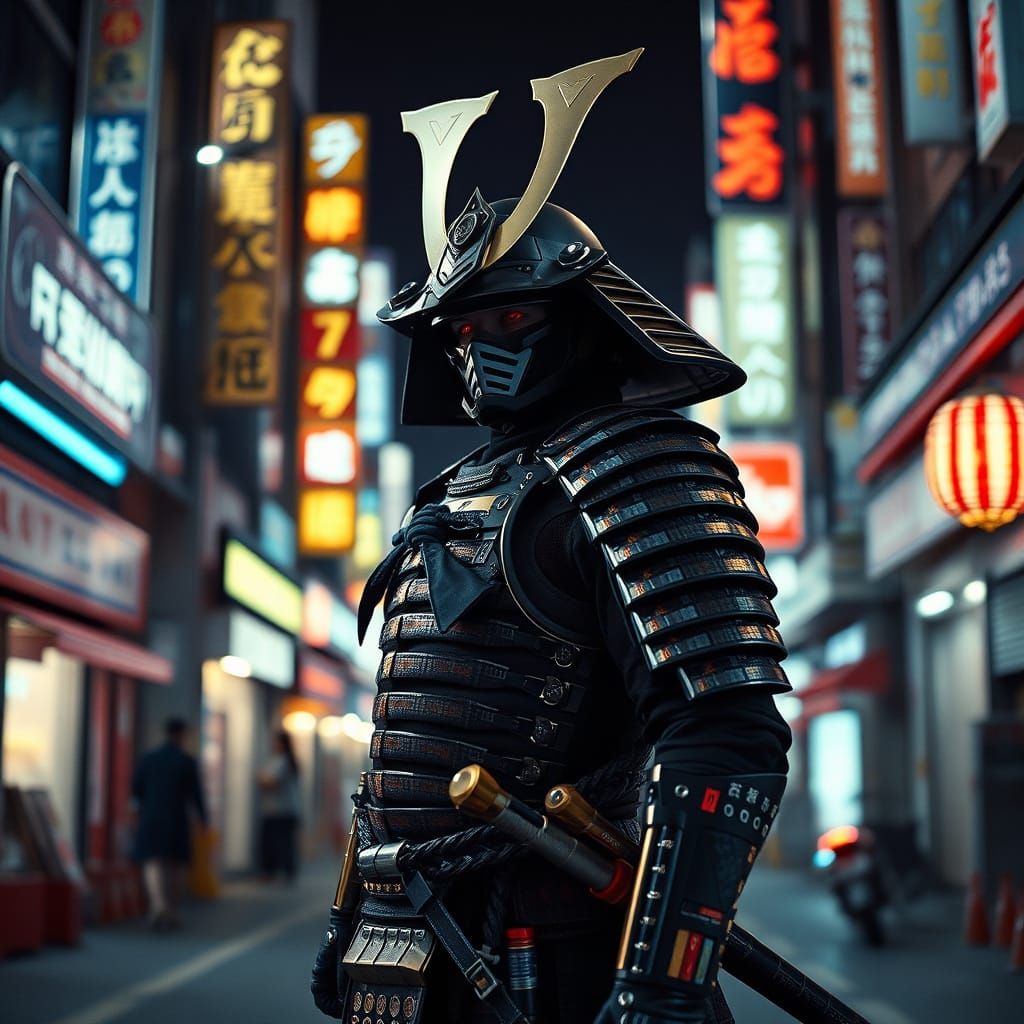 Modern Samurai in Neon-Lit Japan