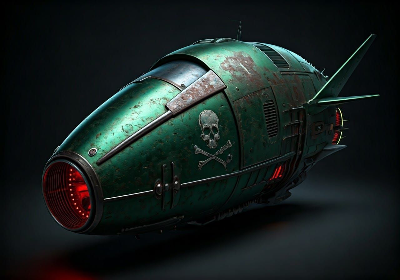 Sleek Green Spaceship with Skull Emblem and Glowing Red Eyes