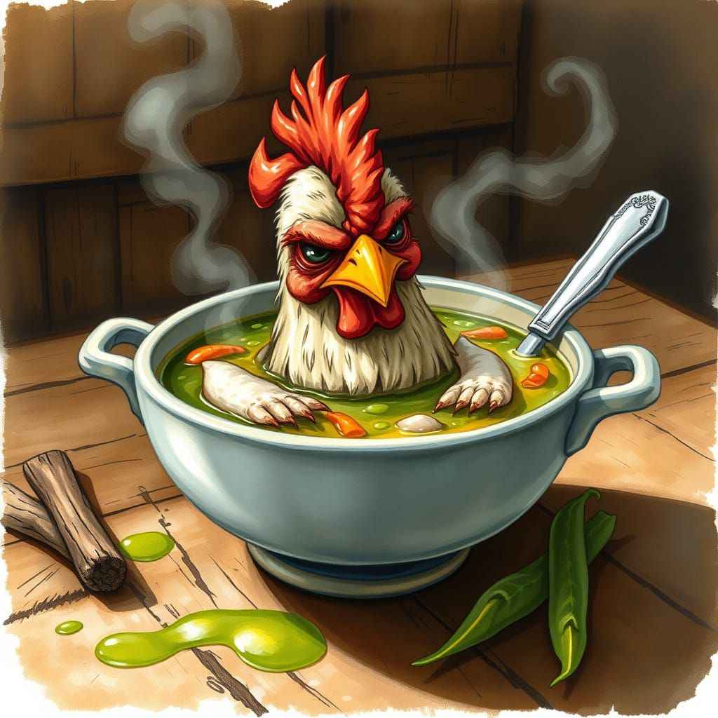 Grumpy Chicken Emerges from Chicken Soup