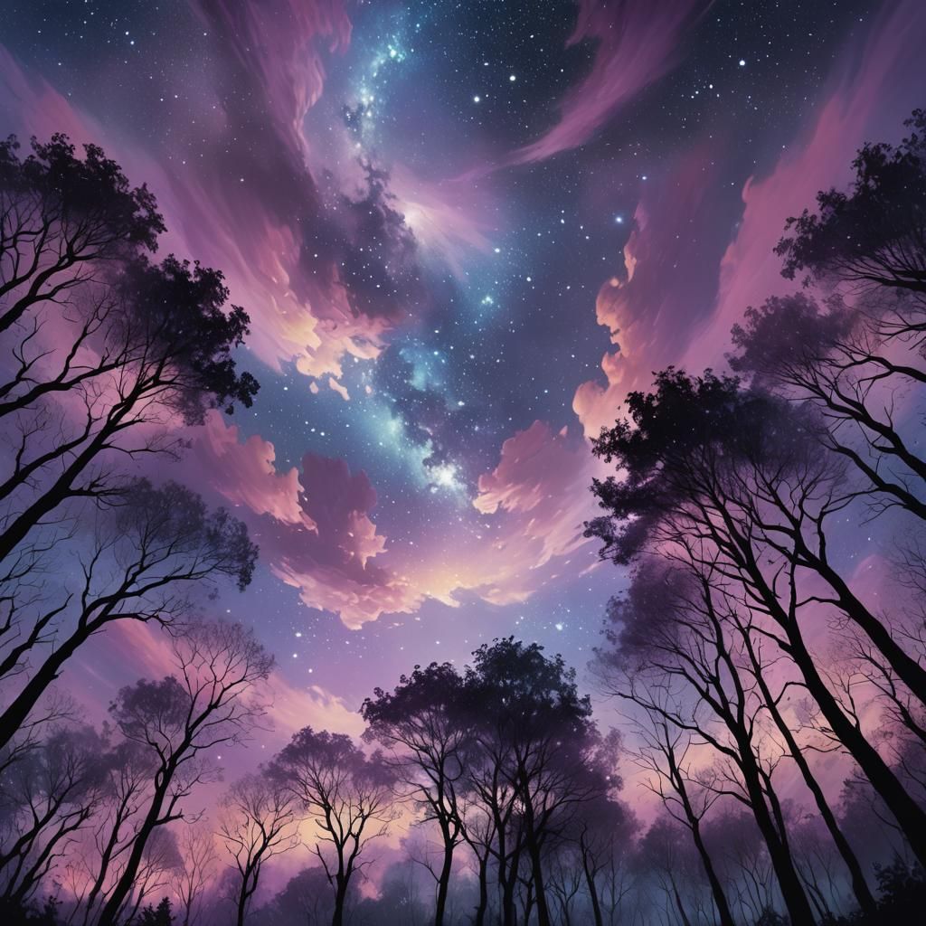 Cosmic Impressionism: Starry Night Over Misty Forest