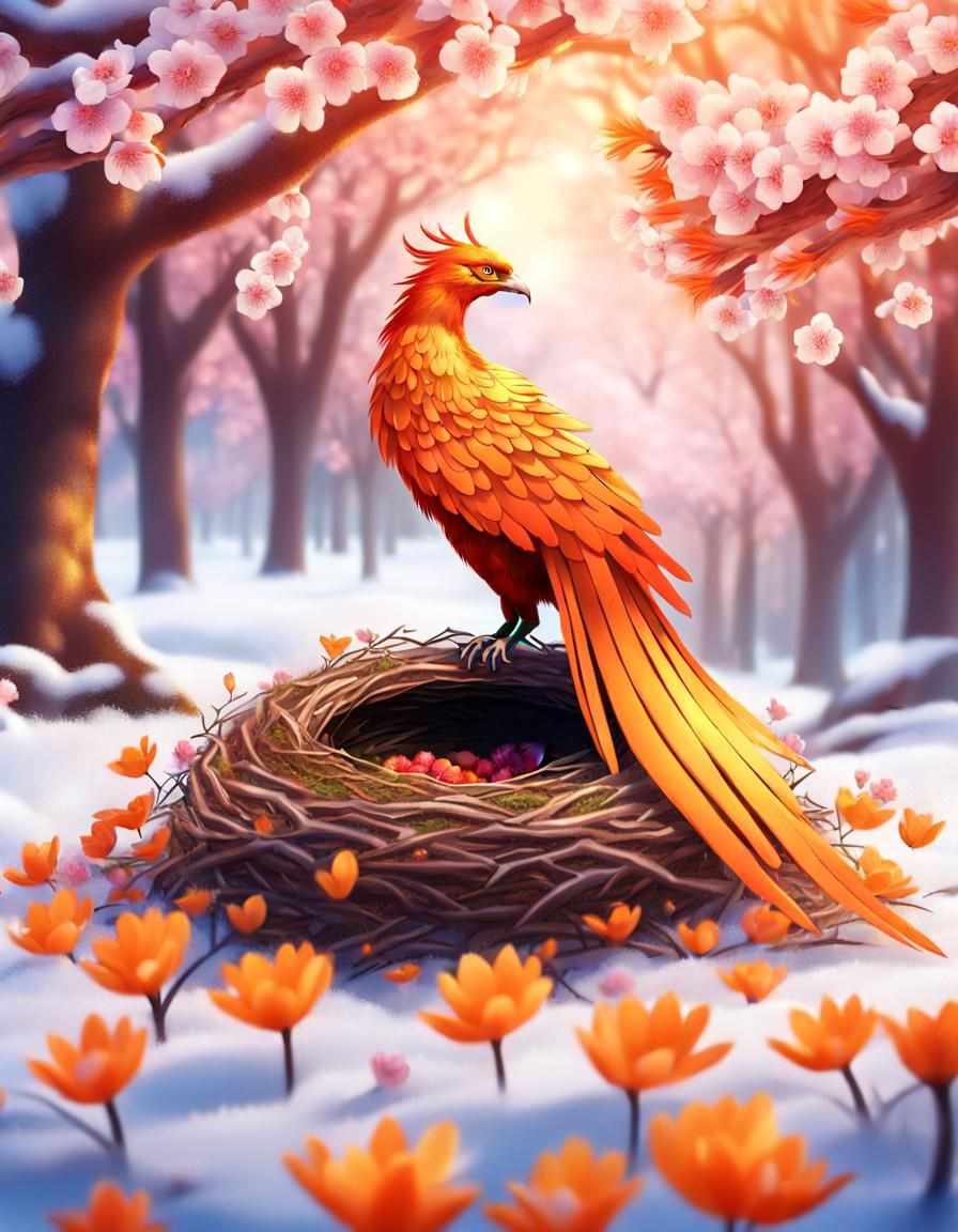 Orange Phoenix in Winter Forest: Fantasy Illustration