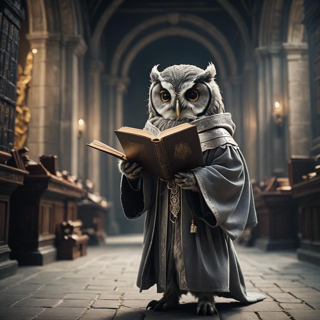 Owlin Student with Book: Cinematic Film Still