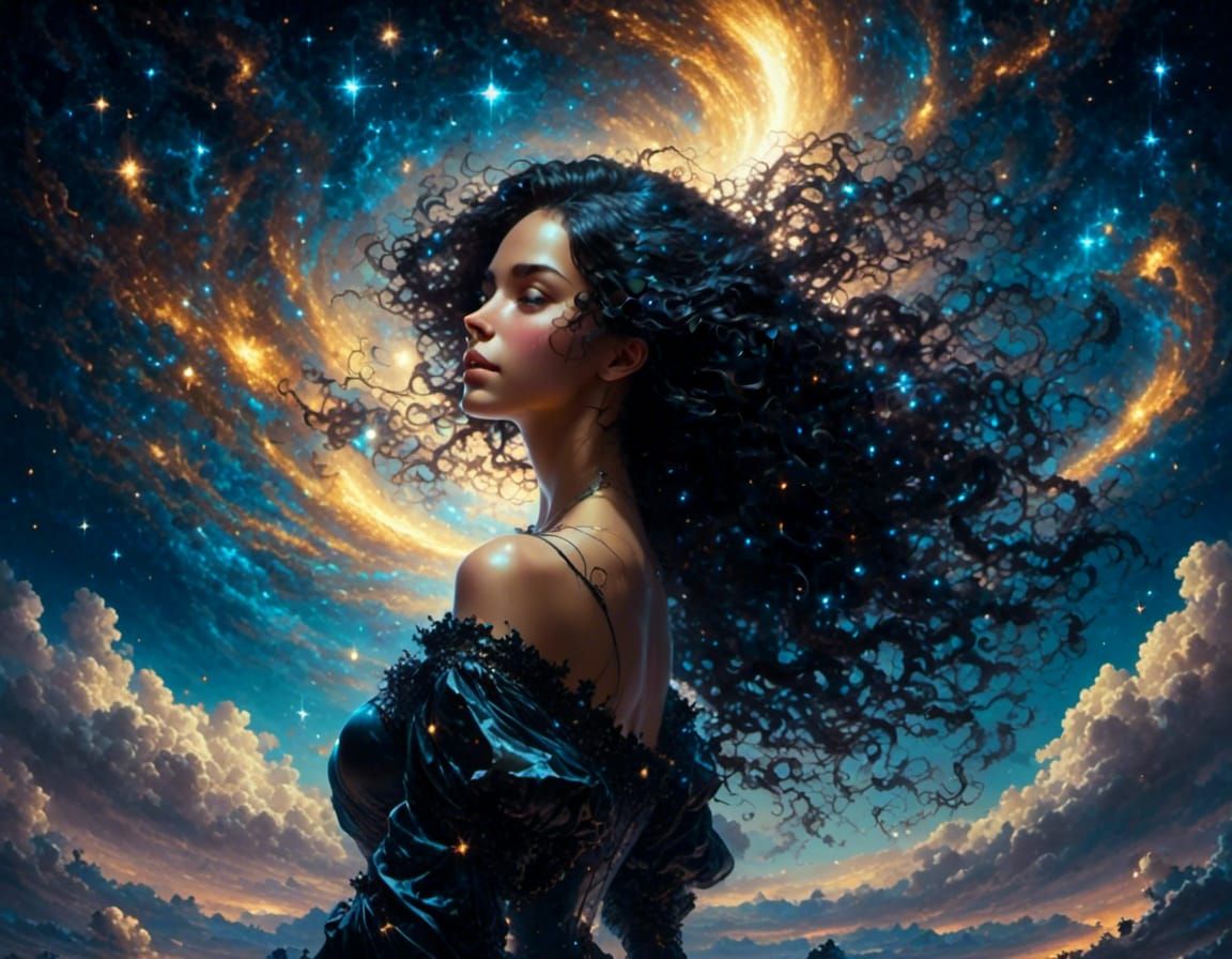 Young Woman Gazing at Starry Sky
