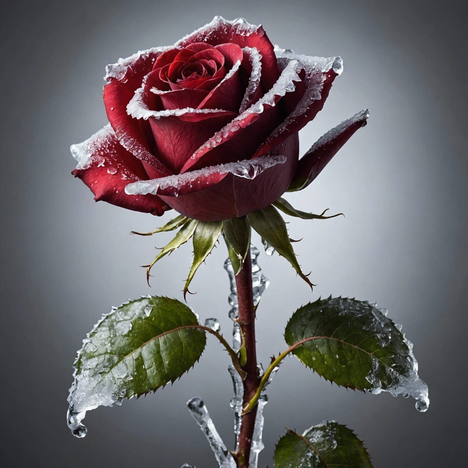 one deep red rose, covered with ice, no background