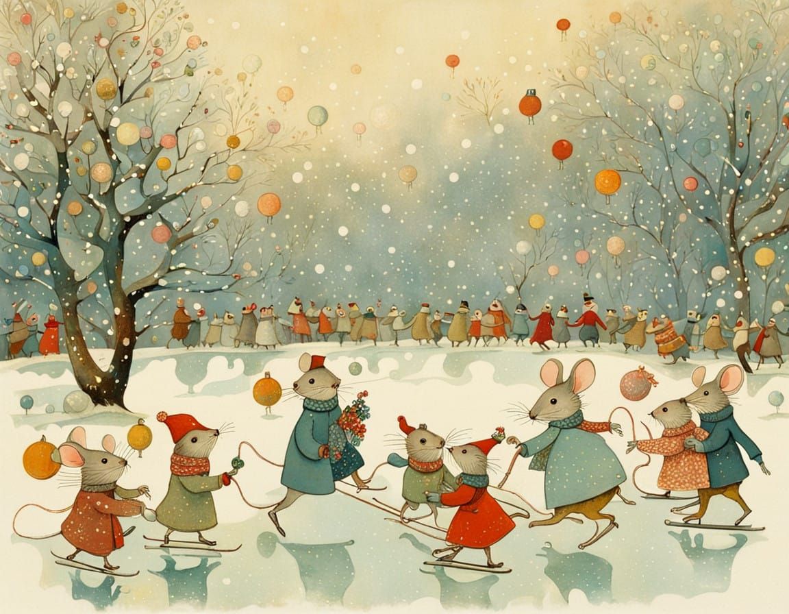 Mice Family Ice Skating in Festive Winter Wonderland