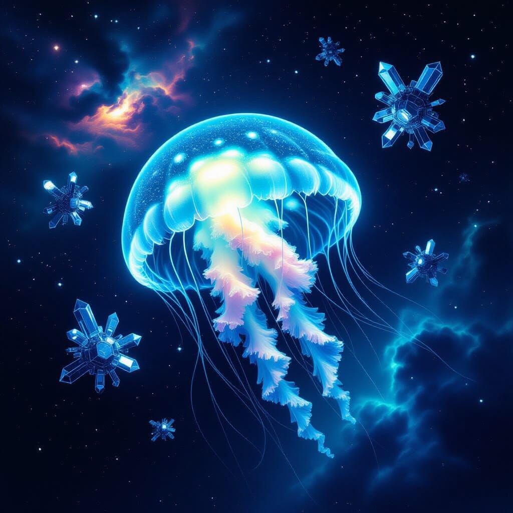 Bioluminescent Jellyfish Drifting Through Deep Space