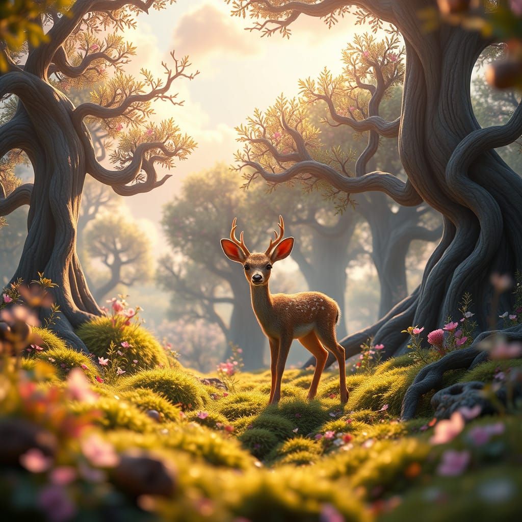 Whimsical Forest Scene with Baby Deer