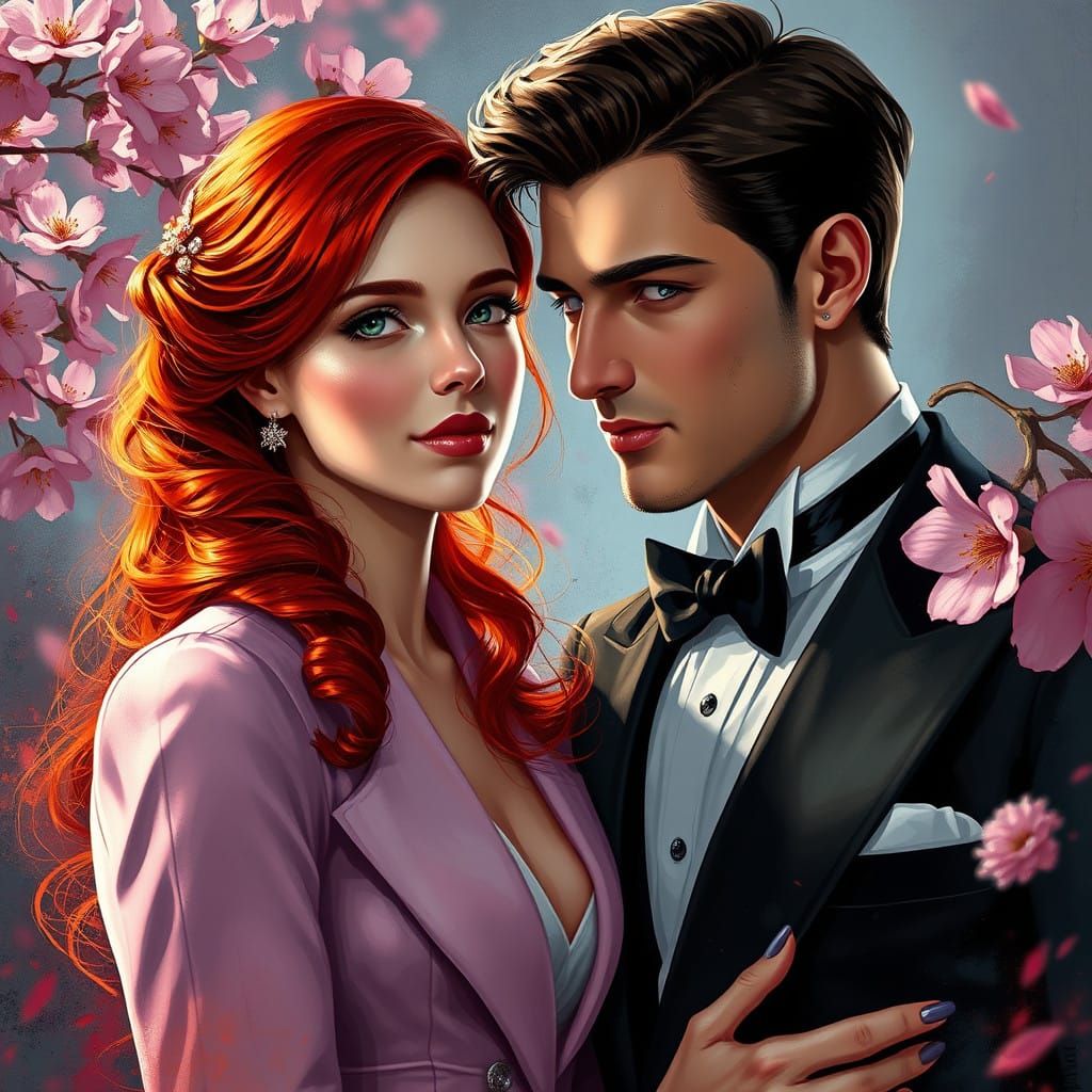 a beautifule red headed girl dressed in a formal suite showi...