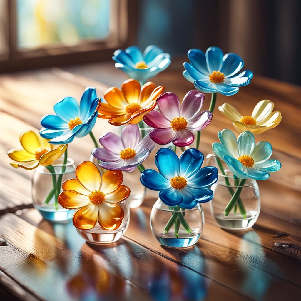 Vibrant Glass Flowers Still Life in Macro Photography