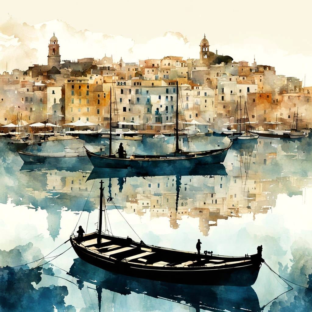 Mediterranean Harbor Silhouette in Detailed Illustration Sty...