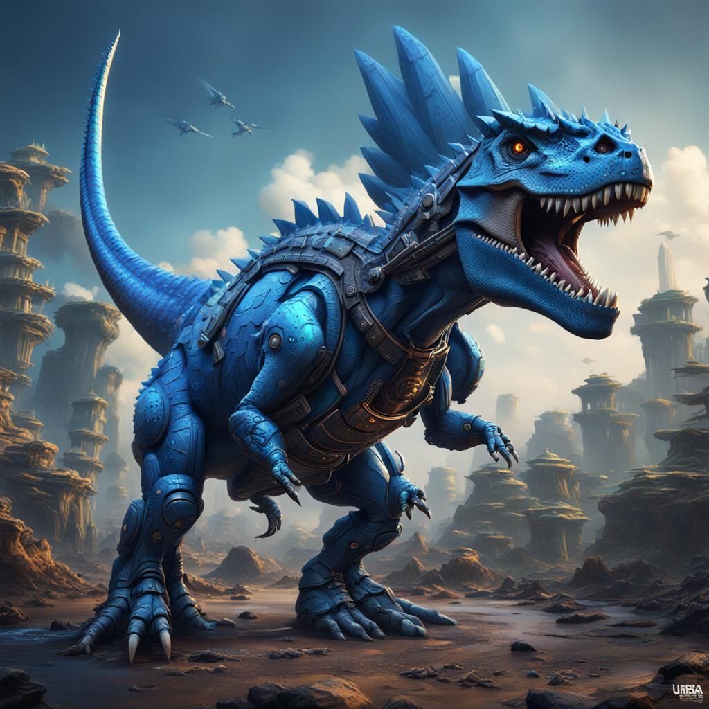 Cyber Blue Dinosaur in Desert, Detailed Digital Art