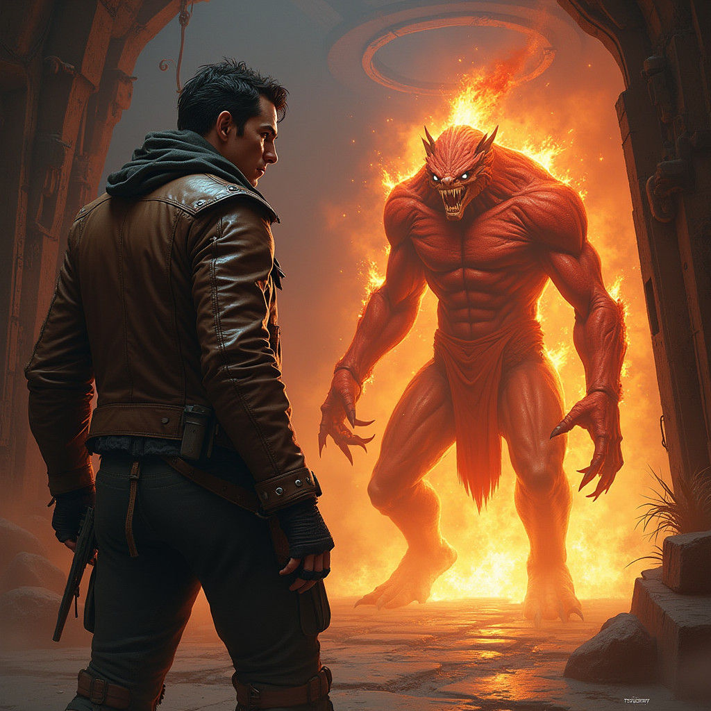 Space Pirate Battles Holographic Fire Beast in Gritty Future