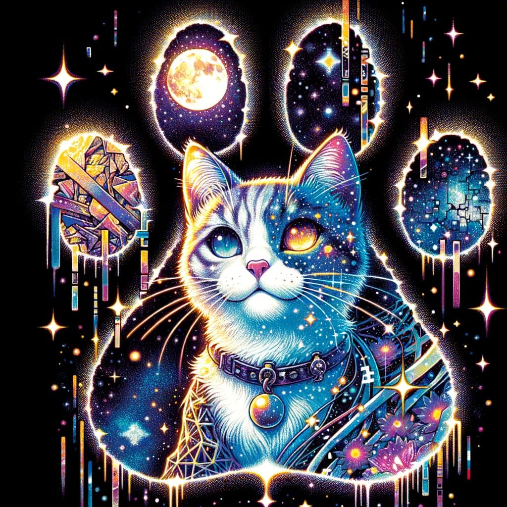 Manga Cat Double Exposure in Glitchcore Style