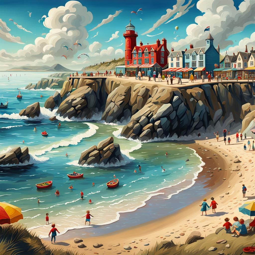 British Seaside Holiday in Nostalgic Oil Painting