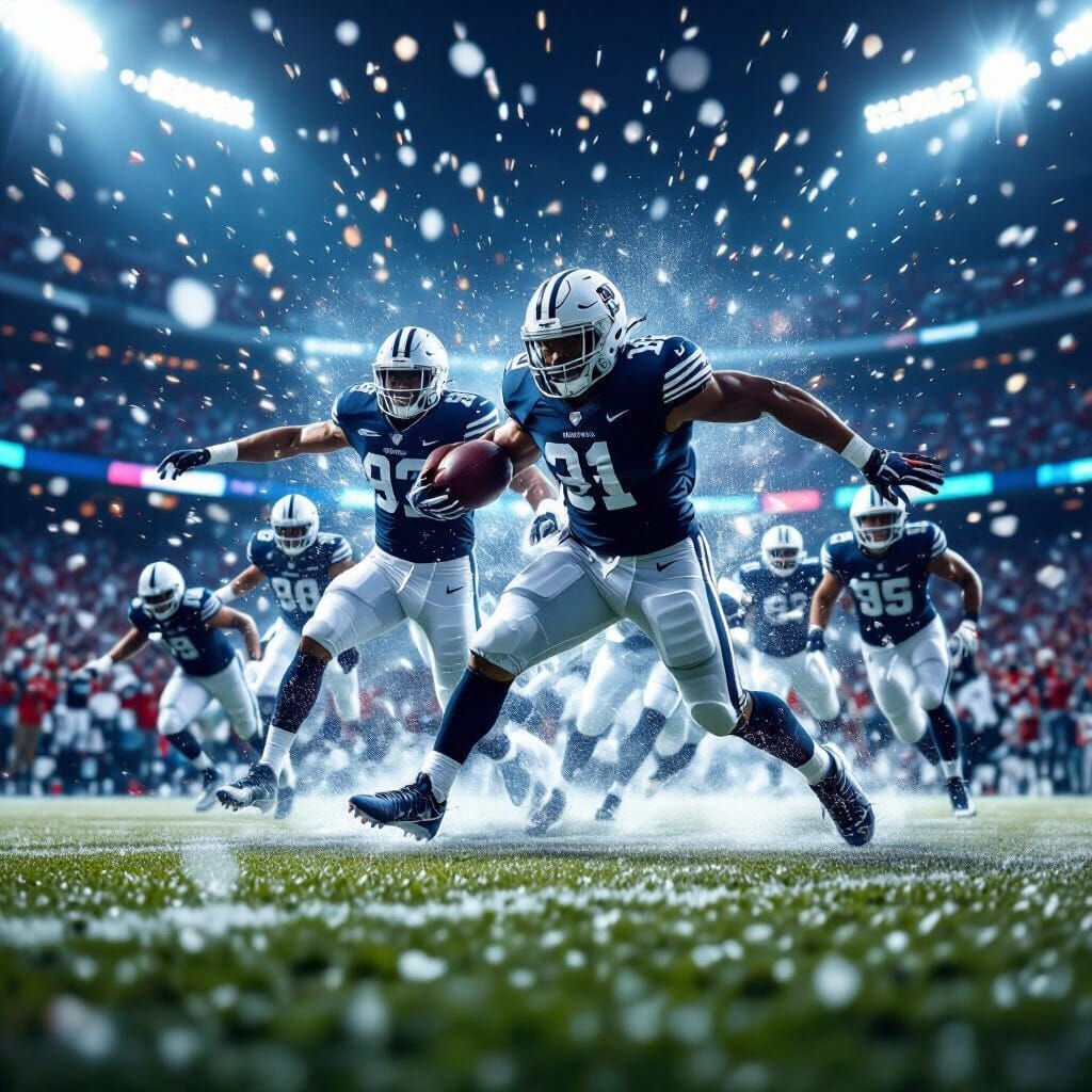 Hyperrealistic Football Game Frozen in Mid-Air