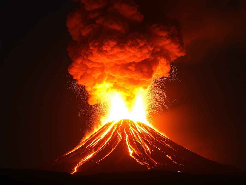 Volcanic Eruption Against Night Sky