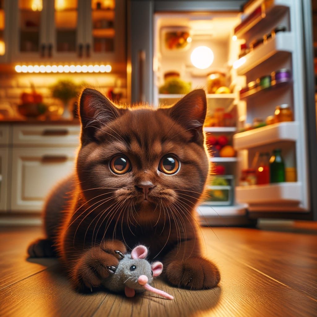 Chocolate Kitten Drops Toy Mouse in Kitchen