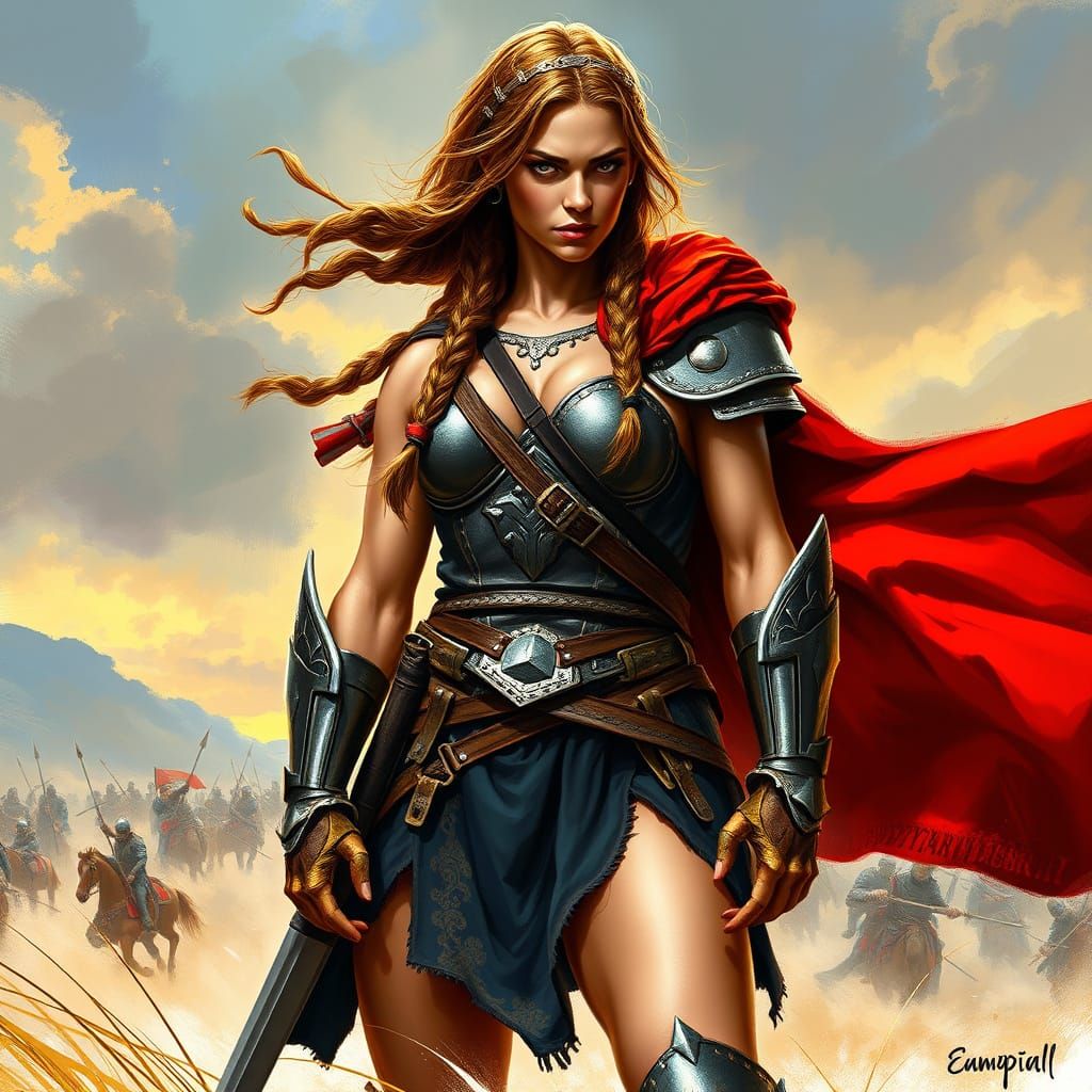 Anglo-Saxon Warrior Woman on Battlefield in Dynamic Style