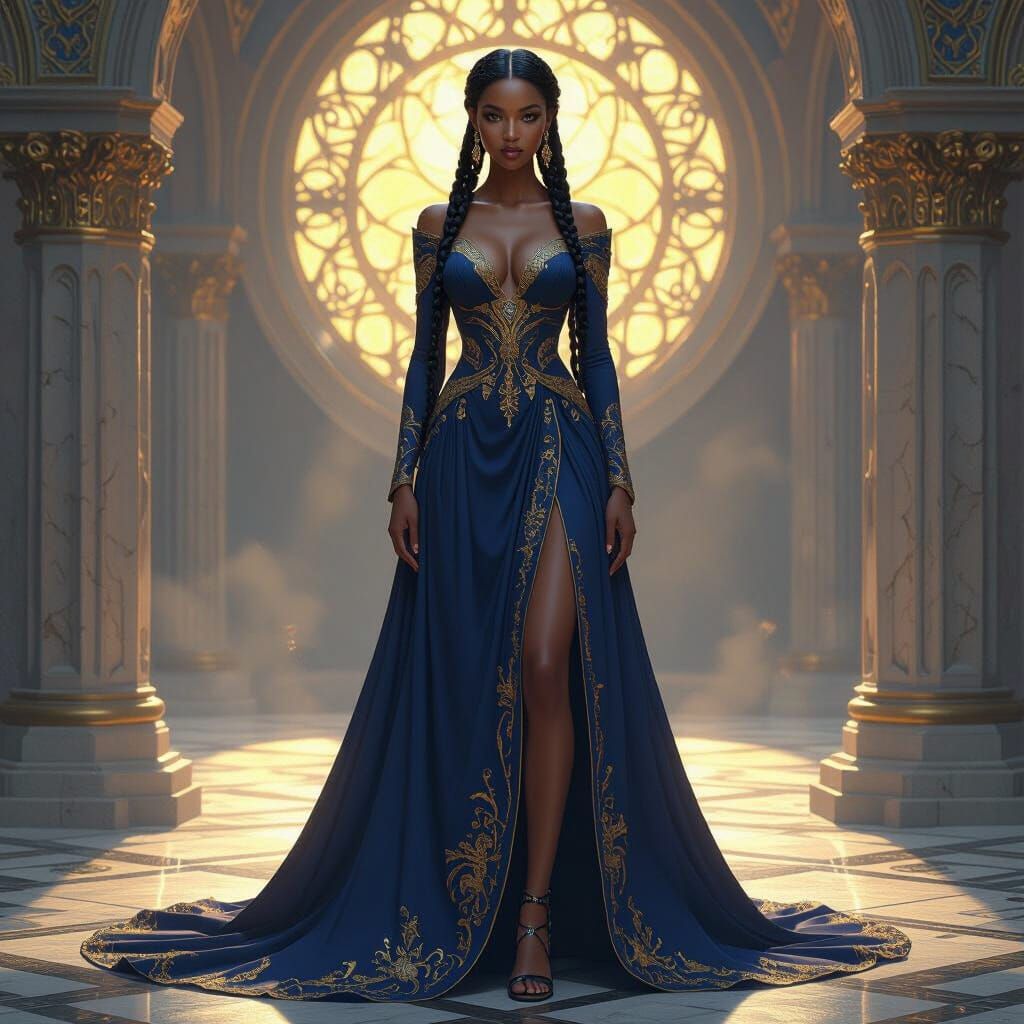 Elegant Black Woman in Blue and Gold Dress