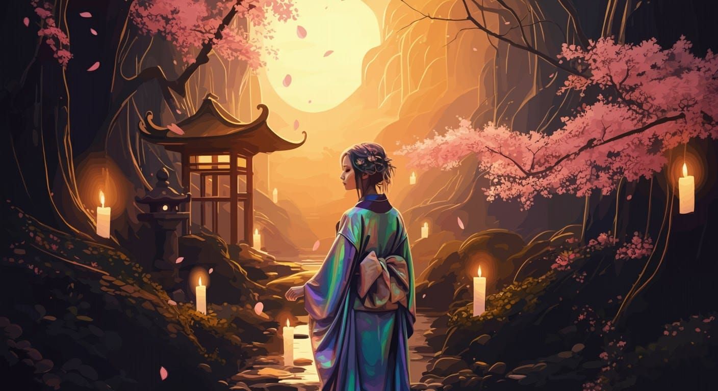 Mystical Woman in Japanese Garden at Golden Hour