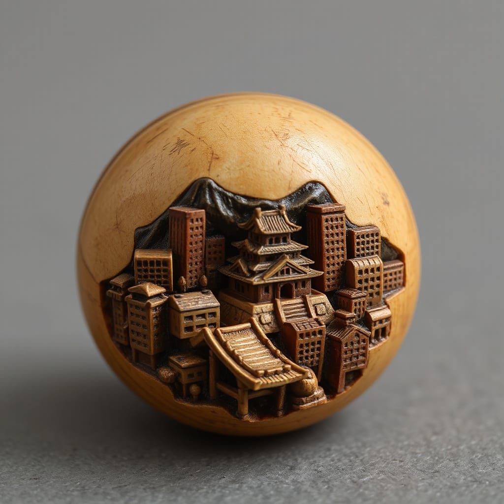 A tiny Japanese round ball-shaped netsuke carved to look lik...